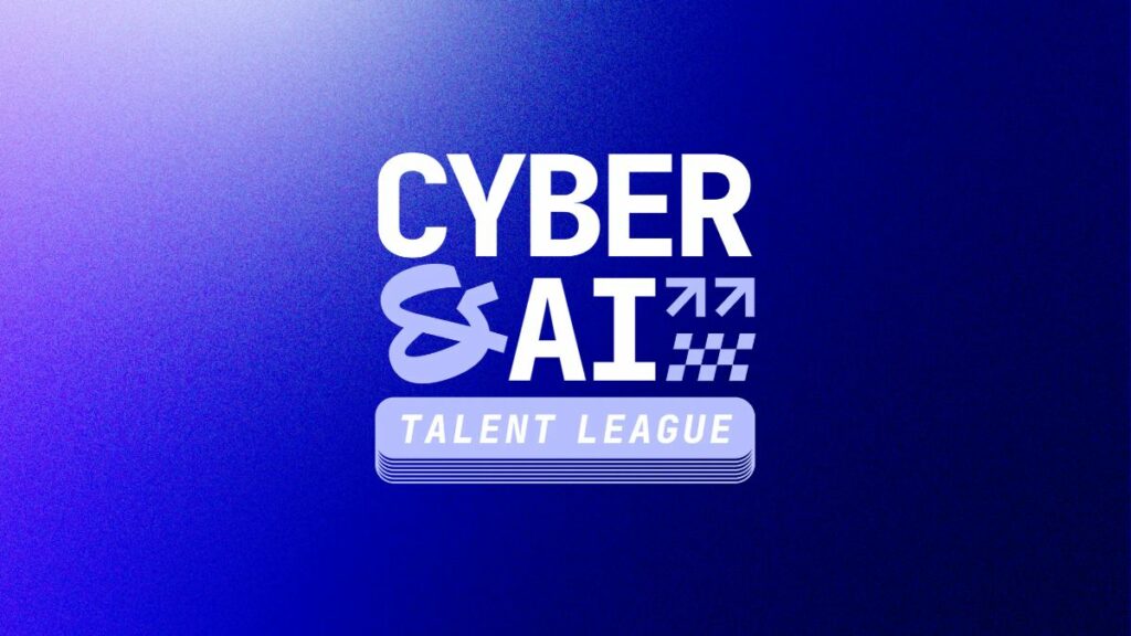 Logotipo de Cyber & AI Talent League en blanco y lila sobre fondo azul degradado.